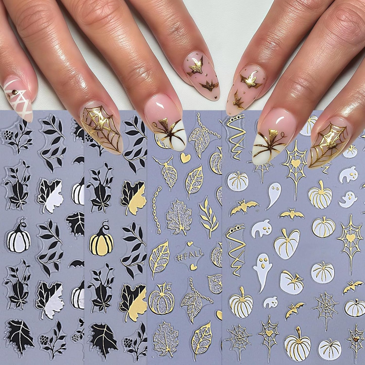 8 Sheets Halloween Nail Stickers Nail Decals 3D Self-Adhesive Glitter Pumpkin Ghost Nail Supplies Gold Heart Spider Web Bat Black Leaf Nails Design Nail Decor for Halloween Party DIY Manicure Supplies