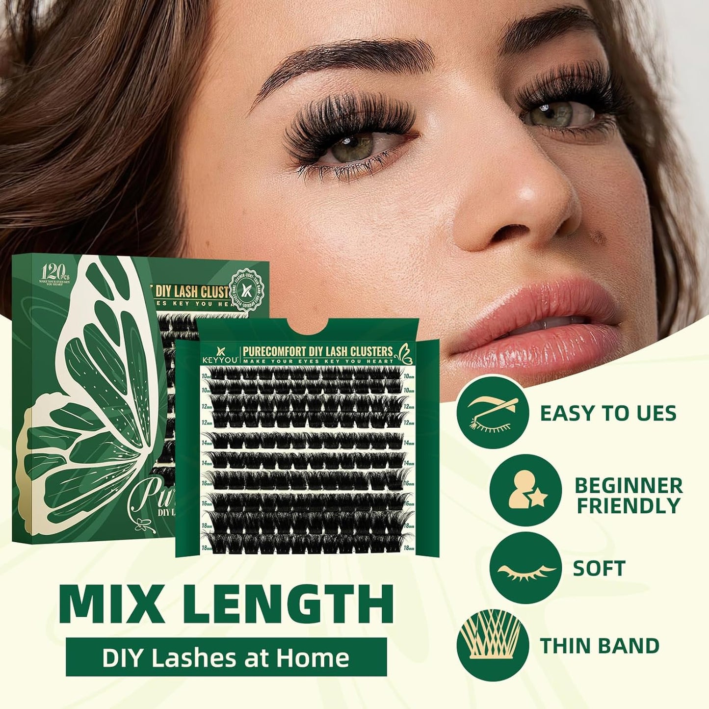 KEYYOU Lash Clusters 120pcs Eyelash Clusters 10-18mix D Curl Cluster Lashes Thick Super Soft Wispy DIY Eyelash Extension at Home(PC03-D-10-18MIX)