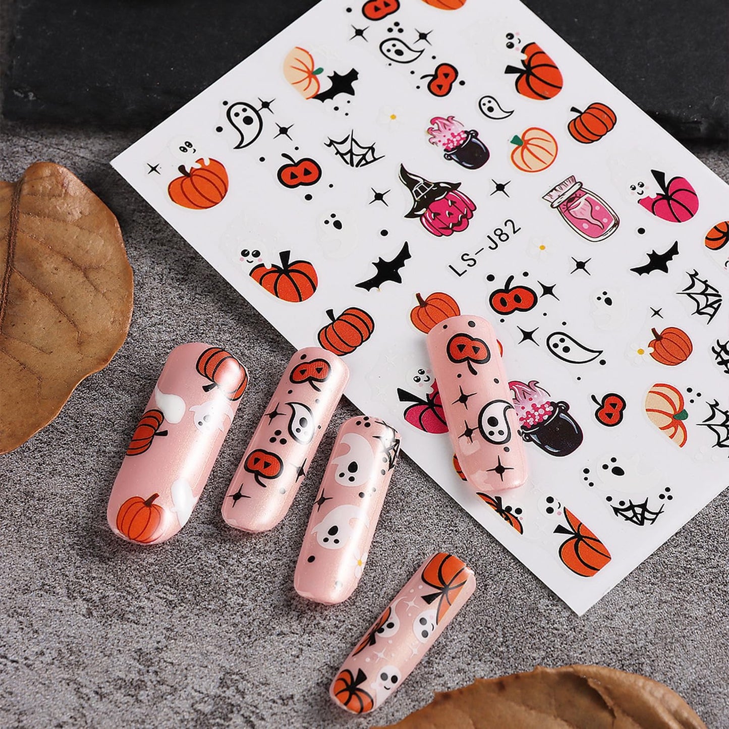 Halloween Nail Art Stickers Cute Ghost Pumpkin 3D Self-Adhesive Nail Decals Bat Cat Skull Designs Nail Decorations Halloween DIY Manicure Supplies for Women Girls&Kids 6Pcs