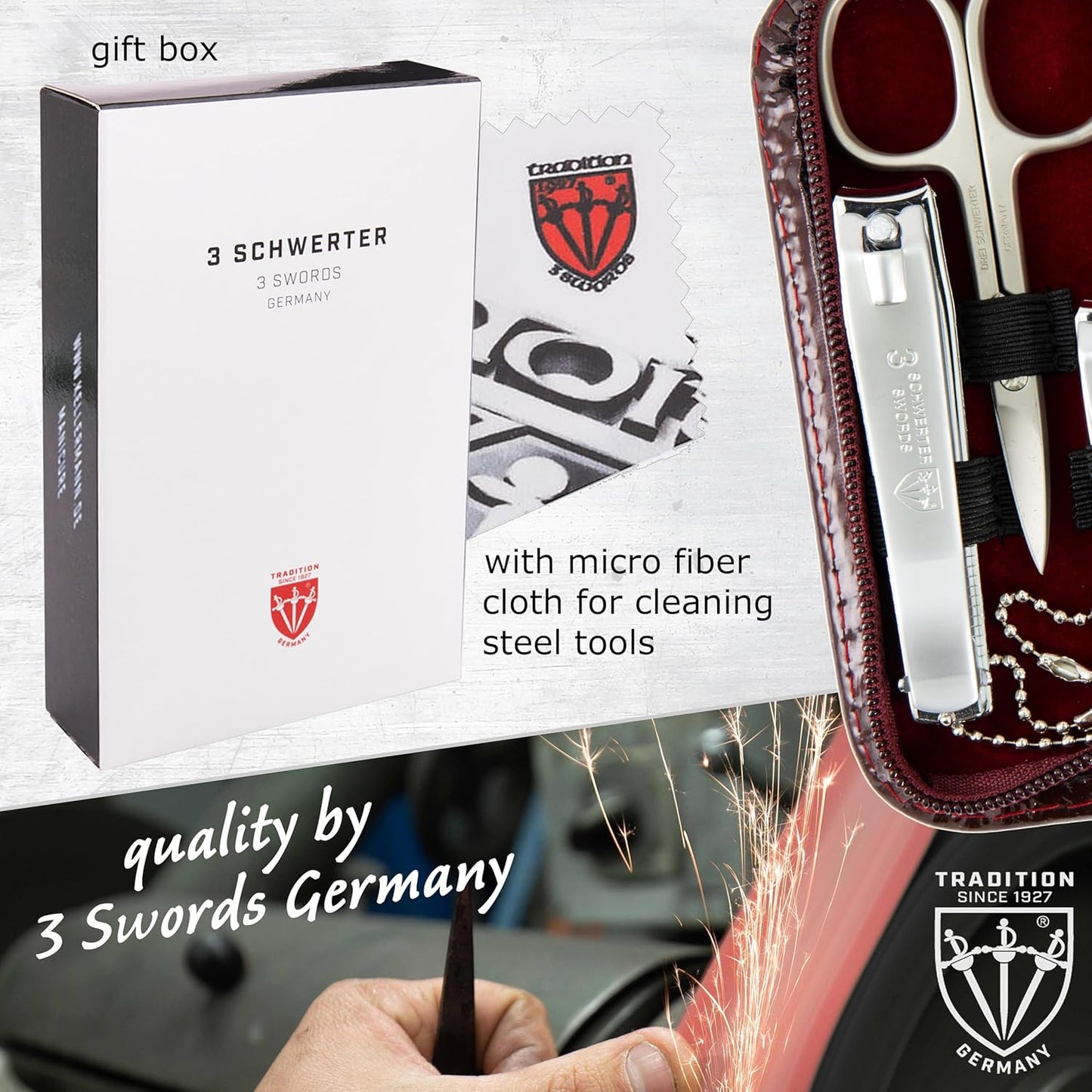 3 Swords Germany – Brand Quality 8 Piece Manicure Pedicure Grooming kit Set for Professional Nail Care with Synthetic Leather case Burgundy - Made in Germany
