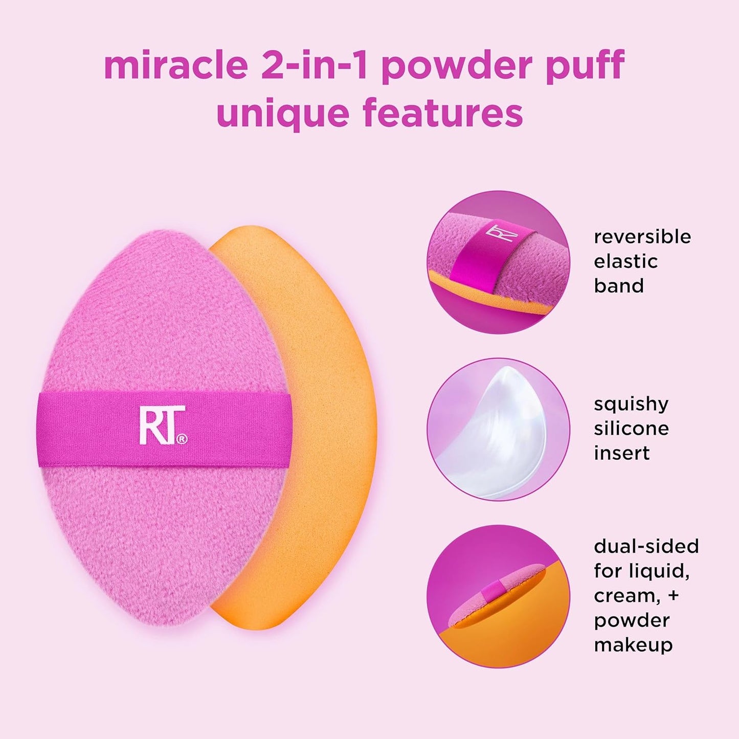 Real Techniques Miracle 2-In-1 Powder Puff 4 Pack, Dual-Sided, Full Size Makeup Blending Puff, Reversible Elastic Band, Makeup Sponge & Powder Puff, For Liquid, Cream & Powder Products, Cruelty-Free