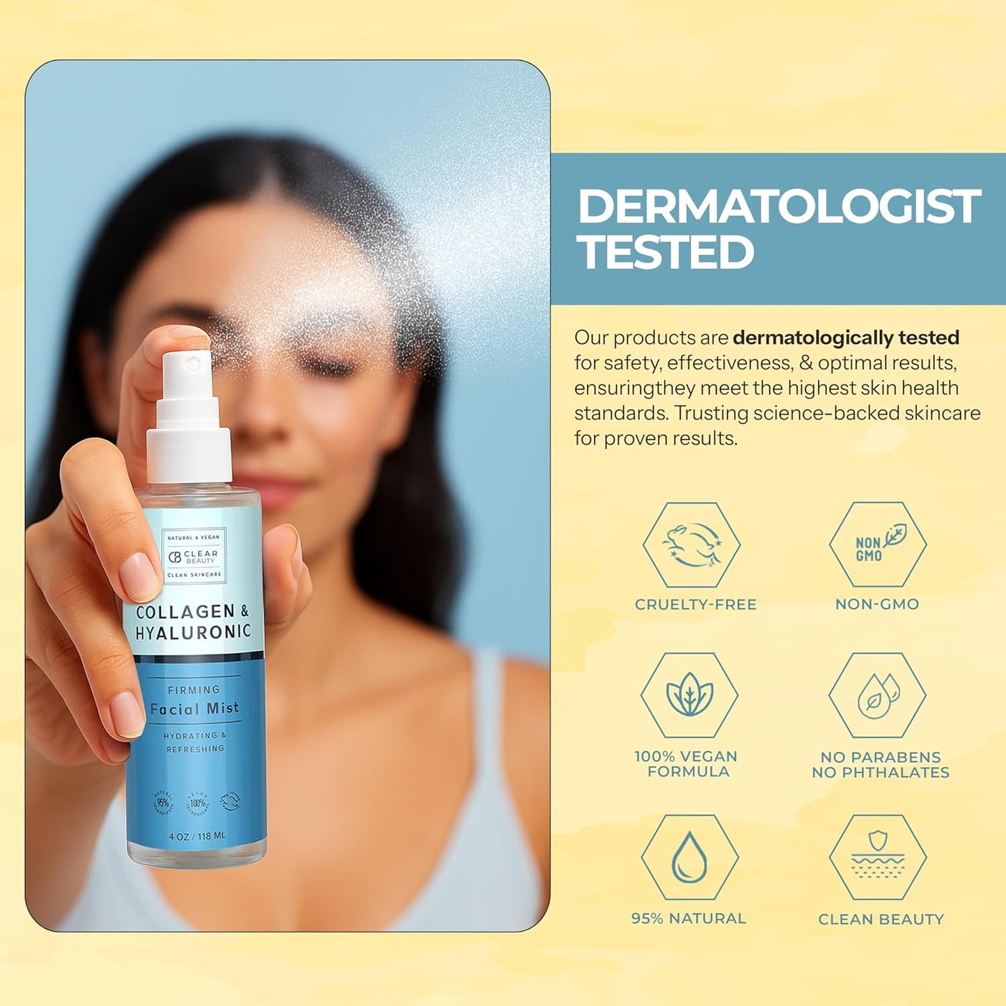 Hyaluronic Acid & Collagen Face Mist - Dermatologist Tested, Moisturizes & Tones Skin, Anti-Aging, Natural Ingredients, Cruelty-Free, 95% Natural - All Skin Types - 4 OZ