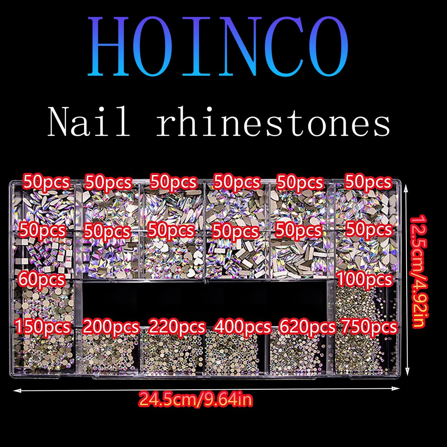 3100Pcs AB Crystal Nail Rhinestones, HOINCO Mix 20 Styles Flatback Rhinestone, 12 Types of 600 Diamonds + 2500 Round Beads, Crystals 3D Flat Back Gemstones for Nail DIY Crafts with Tweezers Pen