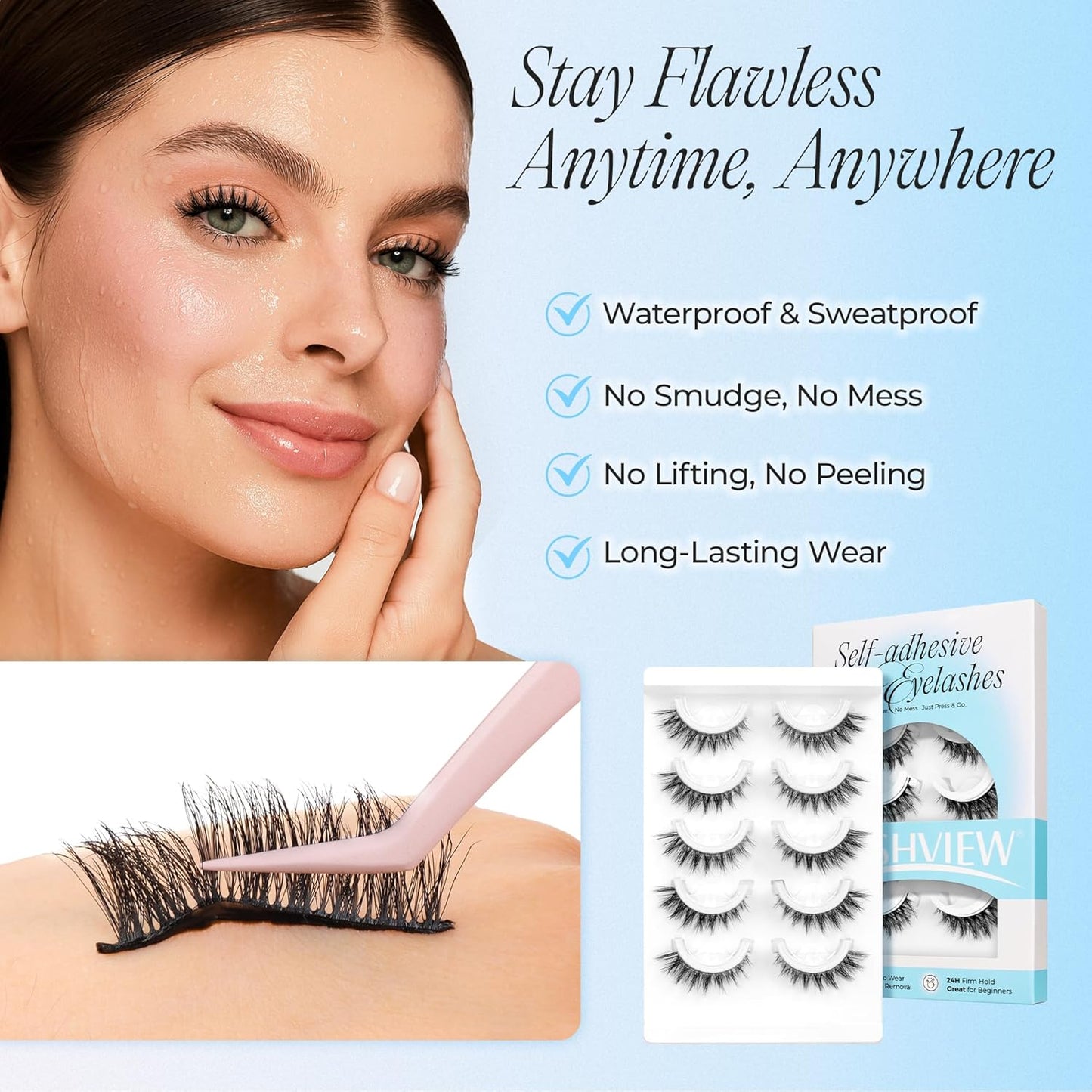 LASHVIEW Self Adhesive Eyelashes 5 Pairs Cat Eye Wispy Self-adhesive False Lashes Reusable Natural Look Press On Lashes No Glue Need Eyelashes with Replacement Adhesive Strips (CV105)