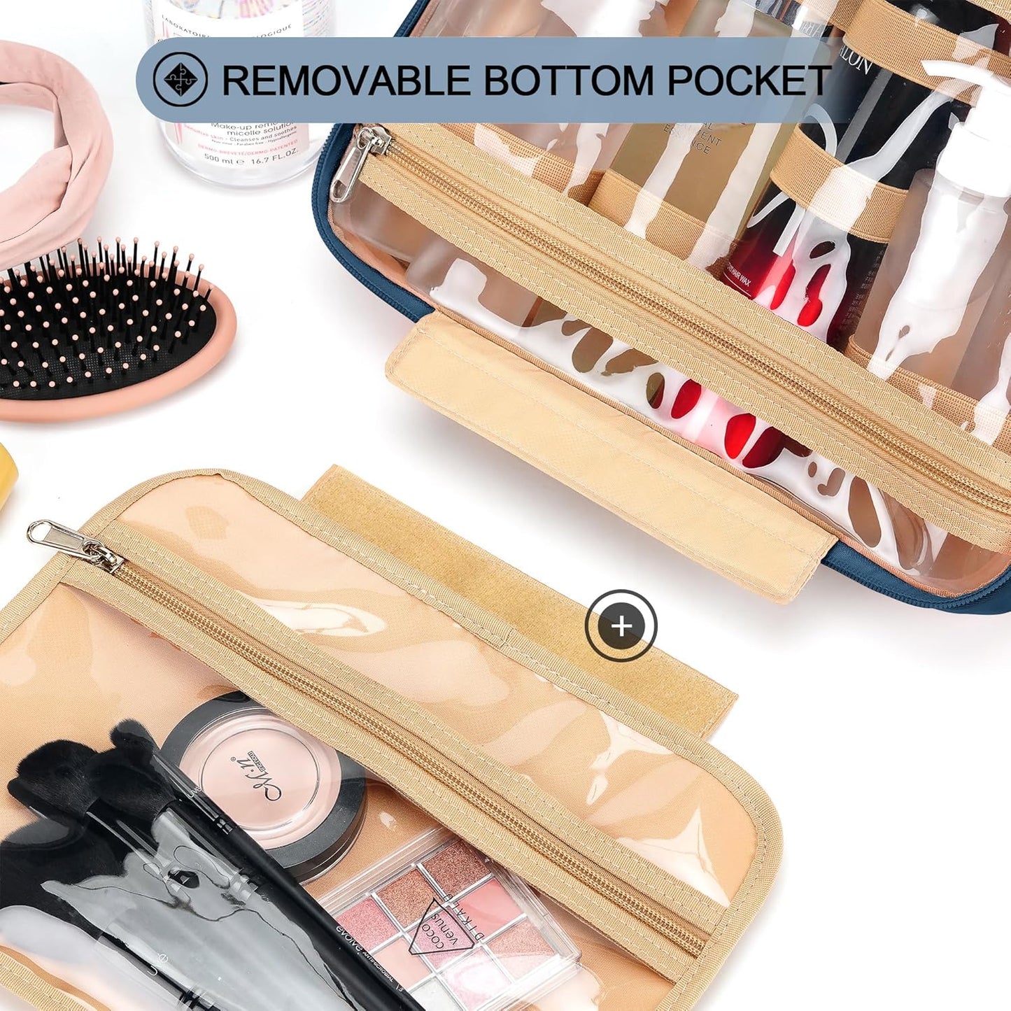 Travel Hanging Toiletry Bag for Women, Extra Large Makeup Bag, Holds Full-Size Shampoo, with Jewelry Organizer Compartment, Waterproof Cosmetic Bag, Toiletries Kit Set with Trolley Belt, Navy Blue