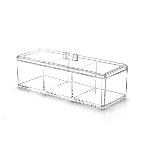 Square Acrylic Cotton Ball Pads Gauze Swab Holder Organizer Q-tip Dispenser Storage Canister Bathroom Container Flossers Box Case (9.3x3.7x3 in, 1 Tier, 3 Partitions, Transparent)