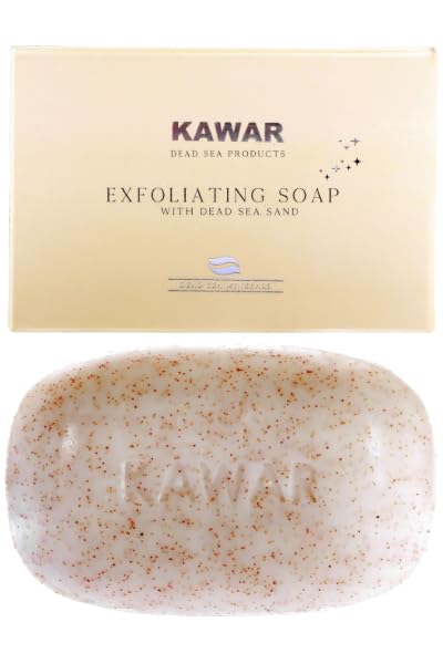 KAWAR Dead Sea Exfoliating Soap with Dead Sea Sand - Salicylic Acid, Magnesium Chloride, Shea Butter, Olive Oil & Tea Tree - Vegan Soap Bar for Men & Women, 4.2 oz