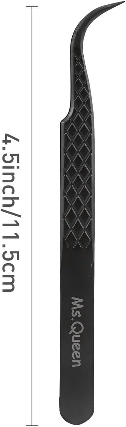 Ms.Queen Eyelash Tweezers For Extensions, Precision Diamond Grip Curved Lash Tweezers Fiber Tip,Black