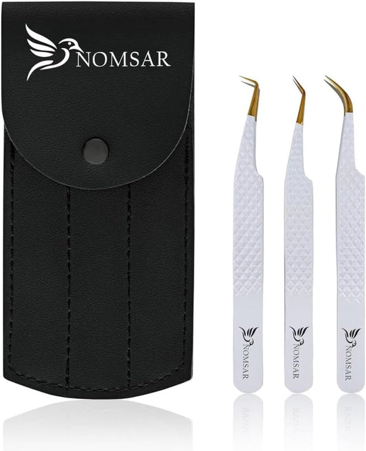 Eyelash Extensions Tweezers, Set of 3 - Stainless Steel with Diamond Grip for Volume lash Extension - Fiber Tip Tweezers for Multipurpose & Application (White)