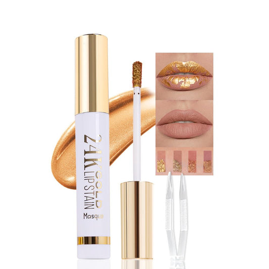 2025 New 24K Gold Liquid Lip Gloss Peel Off Lip Stain Tattoo with Tweezer, Light Brown Lips Stain Peel Off Masque, Long Lasting Waterproof Lip Tint Stain, Transfer-proof for All Skin Types 01#