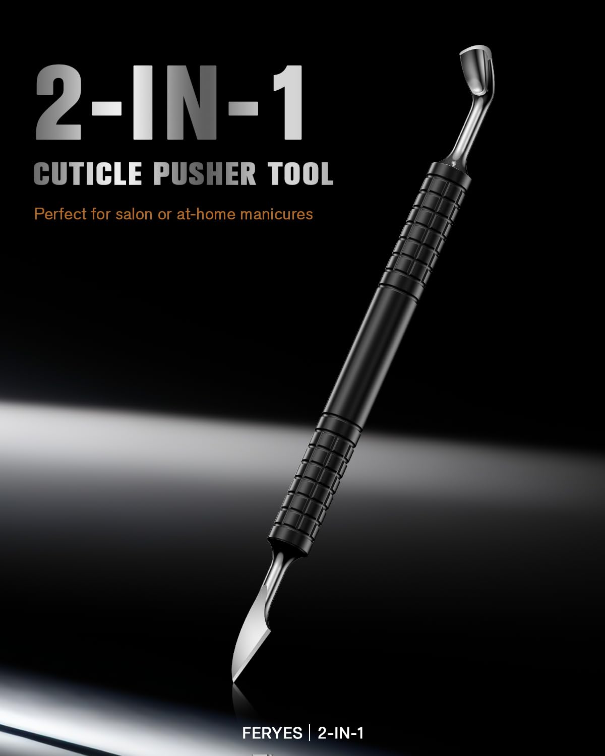 FERYES Upgraded Dual-Head Cuticle Pusher Tool - Horseshoe Shape & Chisel Edge Stainless Steel Remover Tool with Anti-Slip Wide Handle for Salon & Home Nail Care-Black