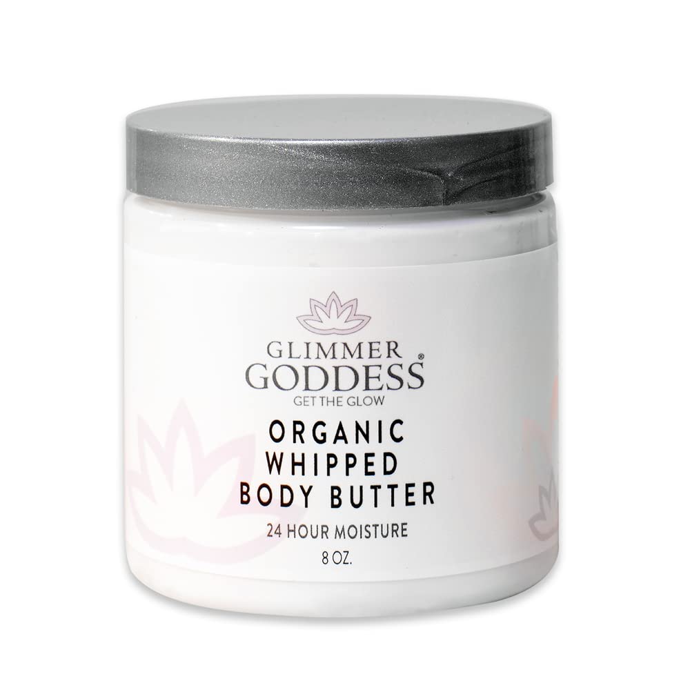 Glimmer Goddess Organic Whipped Body Butter for Women - Moisturizer Cream with Shea & Cocoa Butter, Almonds & Coconut Oil - White Ginger & Amber, 8oz