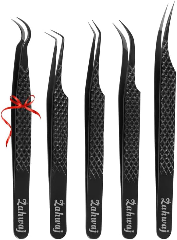 Lash Tweezers - Set of 5 Diamond Grip Eyelash Tweezers - Stainless Steel Professional Fiber Tip Lash Tweezer for Eyelash Extensions (Black)