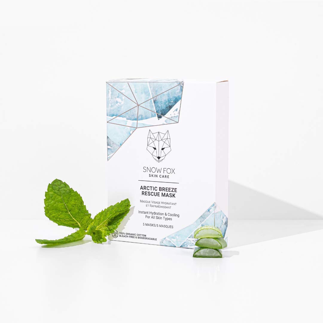 Snow Fox Skincare - Arctic Breeze Rescue Mask - Peppermint Oil, Aloe Vera, Seaweed Extract | Hydrating, Soothing Skin Redness & Irritation | Post-Sun Recovery | Premium Organic Cotton - 5 Pack