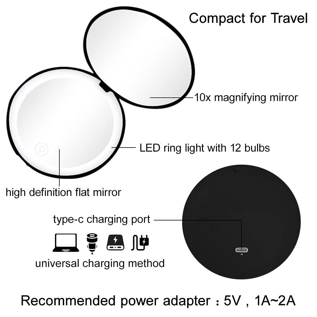 Compact Mirror with LED Light,1x/10x Magnifying Rechargeable Mirror,3.5in, Dimmable Travel Mirror for Purse,Pocket,Handheld 2-Sided Makeup Mirror