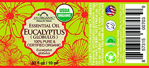 US Organic 100% Pure Eucalyptus Essential Oil (Globulus) - USDA Certified Organic, Steam Distilled - W/Euro droppers (More Size Variations Available) (10 ml / .33 fl oz)