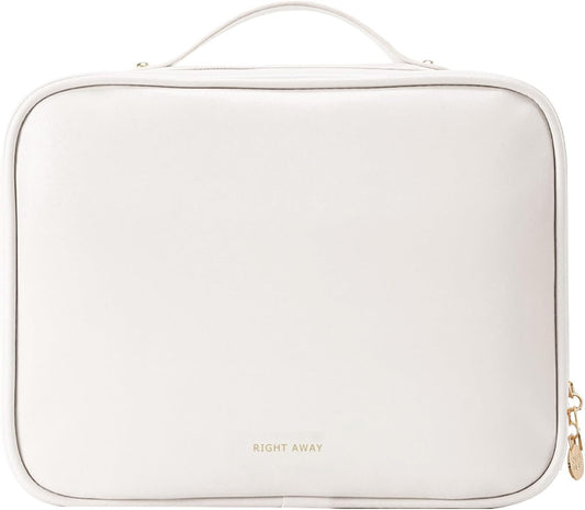 RIGHT AWAY Travel Toiletry Bag for Women,Large Makeup Bag& Cases,Waterproof Cosmetic Organizer Bag with Compartments,Portable Make Up Bag for Travel Size Toiletries,Skincare,Brushes Set,White