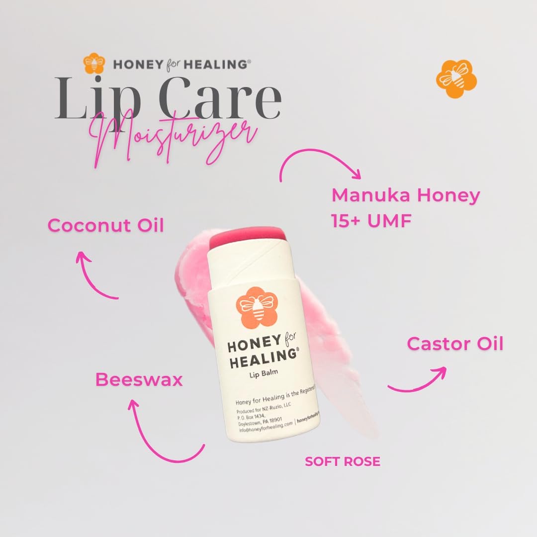 Manuka Honey Lip Balm 15+ UMF – Ultra-Hydrating Formula with Beeswax, Castor Oil & Organic Coconut Oil | 12+ Hour Moisture | Eco-Friendly Recyclable Tube | 0.25 oz / 7 g (Soft Rose)