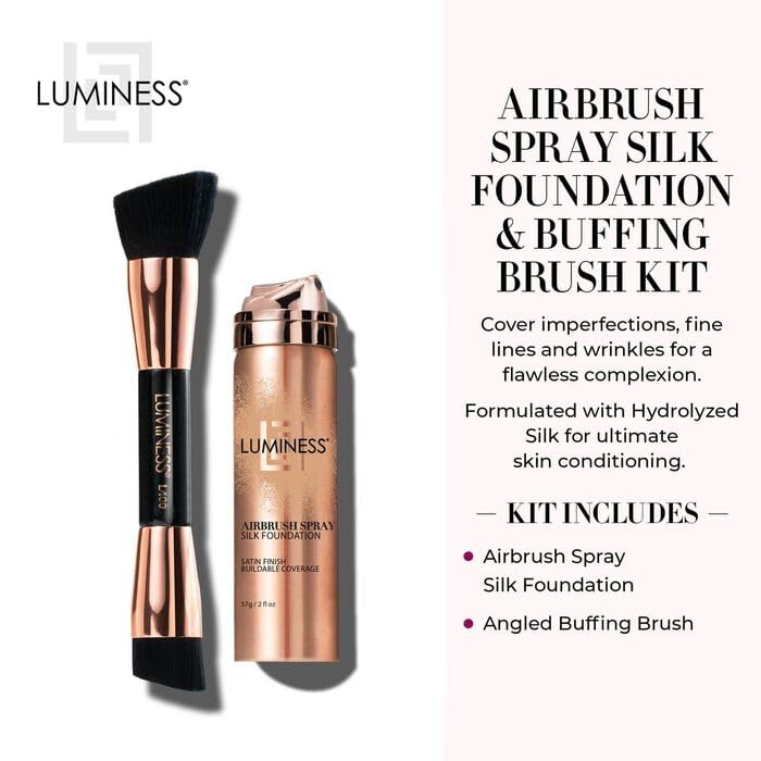 LUMINESS Silk Airbrush Spray Foundation & Buffing Brush Kit – Full Coverage Foundation & Dual-Sided Buffing Brush - Buildable Coverage, Anti-Aging Formula Hydrates & Moisturizes (Shade - Tan Dark)