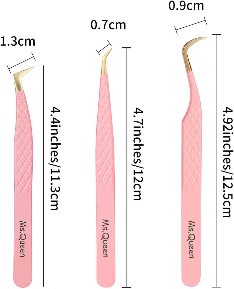 Ms.Queen Eyelash Tweezers for Extensions,Professional 3Pcs Fiber Tip L-Shaped Boot Volume Curved Lash Tweezers Set