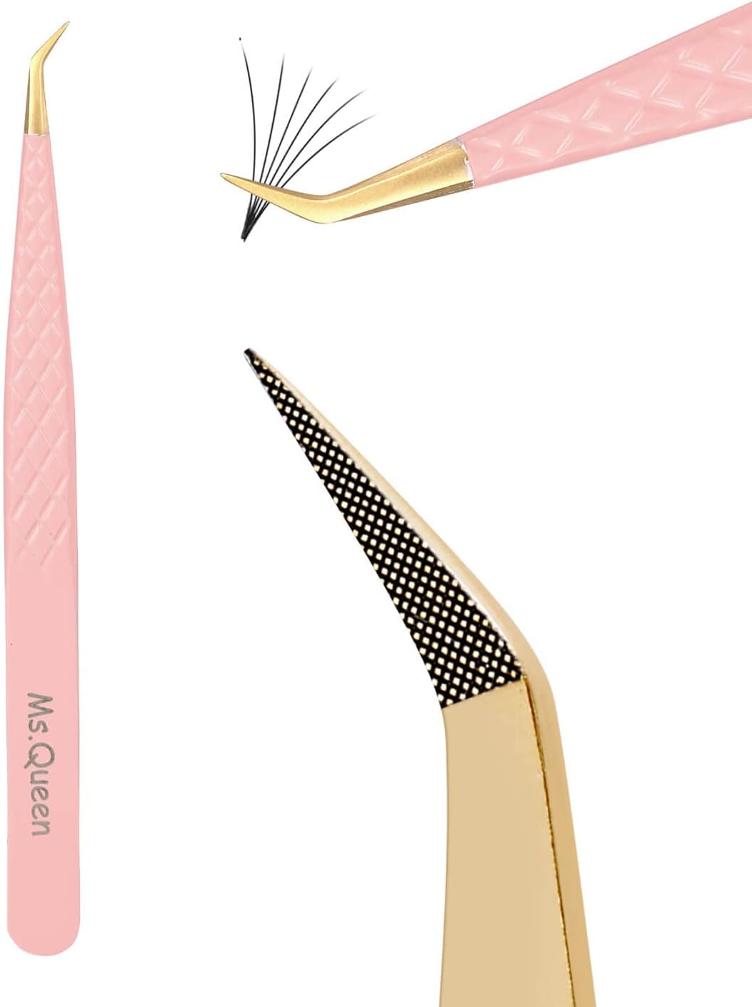 Ms.Queen Lash Tweezers for Eyelash Extensions, Professional Curved Tip Lashing Tweezers for Isolation and Individual Volume Lashes Extension