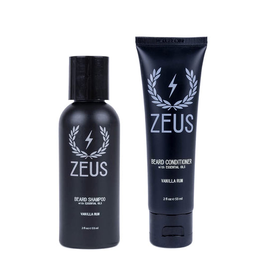 ZEUS Travel Beard Shampoo & Conditioner Combo for Men, Grooming Set with Green Tea & Essential Oils, Softens, Hydrates & Moisturizes Facial Hair (Made in USA) Vanilla Rum