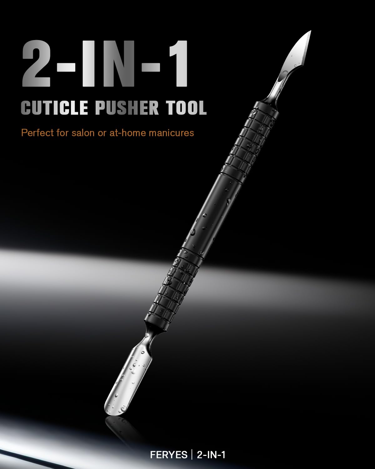 FERYES Upgraded Dual Head Cuticle Pusher Remover Tool - Curved & Chisel Edge Stainless Steel, Ergonomic Non-Slip Handle for Professional Salon & Home Manicure Nail-Black