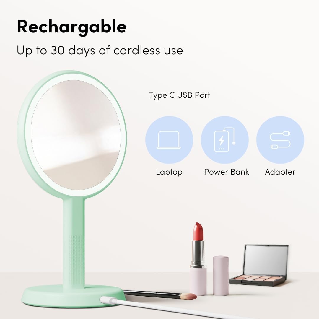Fancii Cami Handheld Travel Makeup Mirror with Lights, Rechargeable, Extra Large, Double Sided 5X / 1X Magnifying Mirror - 3 Color Lighting, Handheld or Vanity (Pistachio)