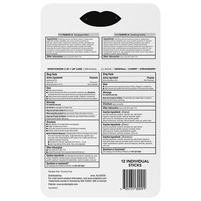 Variety Pack of Lip Balms - Original, Cherry, Strawberry, Moisturizer & Total Hydration 12 ct.