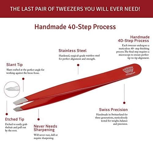Slant Tweezer - Handmade in Switzerland - Professional Eyebrow & Facial Hair Remover - Etched Interior Grabs Hair from The Root - Perfectly Aligned Tips - Stainless Steel, Red