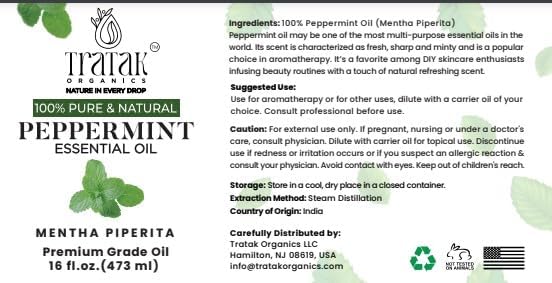 Peppermint Piperita Essential Oil - 100% Pure, Uncut and Natural Oil,16 fl oz - Undiluted Essential Oil for Aromatherapy, Diffuser, Hair Care, Skin Massage and DIY's - Huge 16 Oz