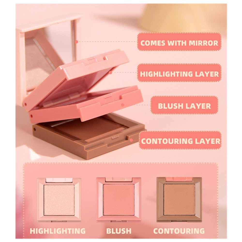 Contour and Highlight Blush Makeup Palette, Cream Bronzer, Silky Smooth Powder Blush, Shimmer Highlighter Makeup Powder, 3-in-1 Mixable Three-Piece Eyeshadow Palette with Mirror (01#)