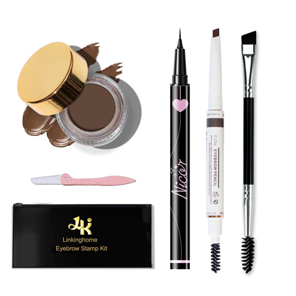 Upgraded Eyebrow Stamp Pencil Kit - Waterproof Eyebrow Pen, Black Eyeliner, Pomade, Customized Blade Brush and Razor