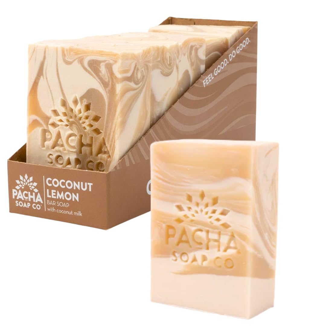 Pacha Soap Co. Bar Soap - Premium, Handcrafted, Hydrating, Natural Face Wash, Hand Cleanser, Body Wash, Soothing Essential Oils (Coconut Lemon, 5-Pack, 4 oz ea)
