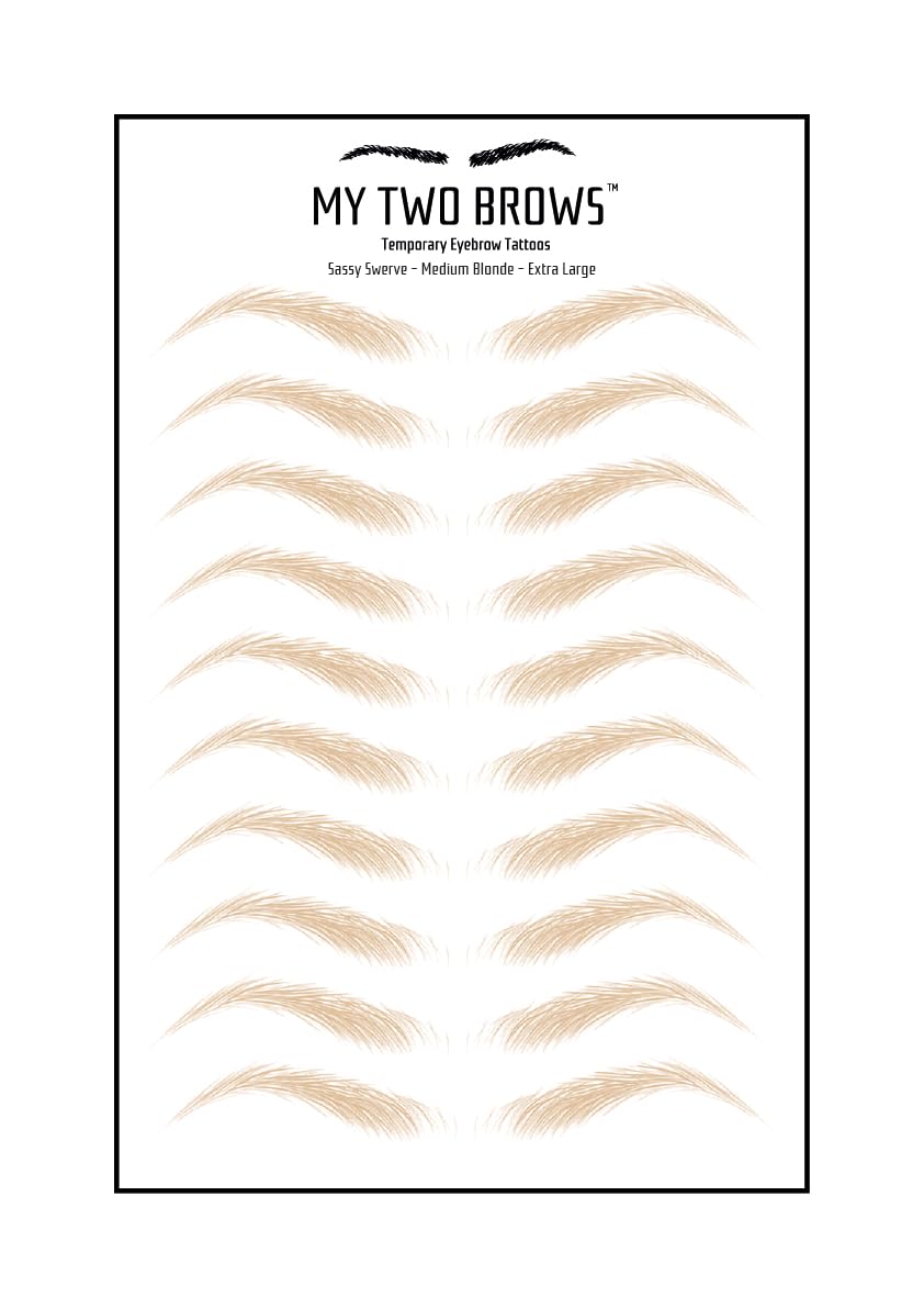 (10 pairs) Medium Blonde Temporary Eyebrow Tattoo - Extra Large Size - Waterproof & Smudgeproof - Sassy Swerve Style Eyebrow Stickers - Sheet Lasts up to 30 Days - Won't Work on Existing Brows