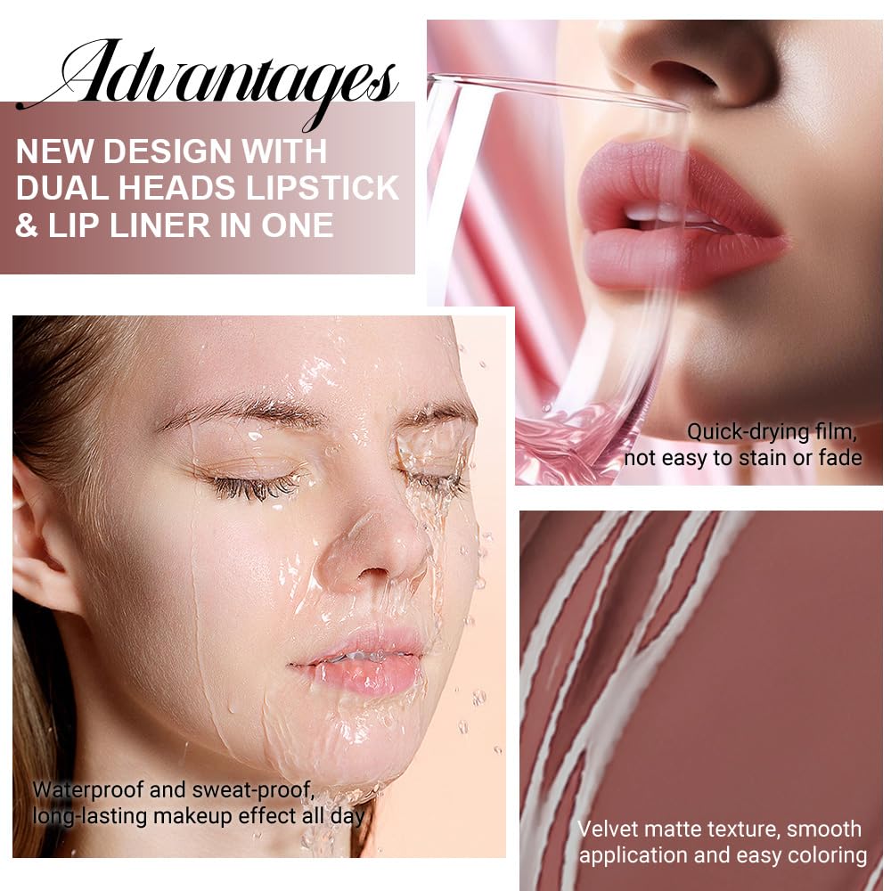 evpct 1Pcs Nuetral Nude Matte Lip Liner & Liquid Lipstick Stain Makeup Set for Women, Nude Lip Liner Stain Long Lasting Waterproof Smudge Proof, Cruelty Free Lip Stick Makeup 24 hours originales, 61