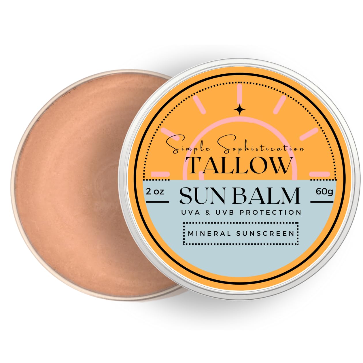 Tallow Sun Balm- with grassfed beef tallow, castor oil, zinc oxide | Mineral Sunscreen | Natural, Organic | Reef Safe, Ocean Friendly | Spf 30 - suitable for sensitive skin (2 oz) (Medium)