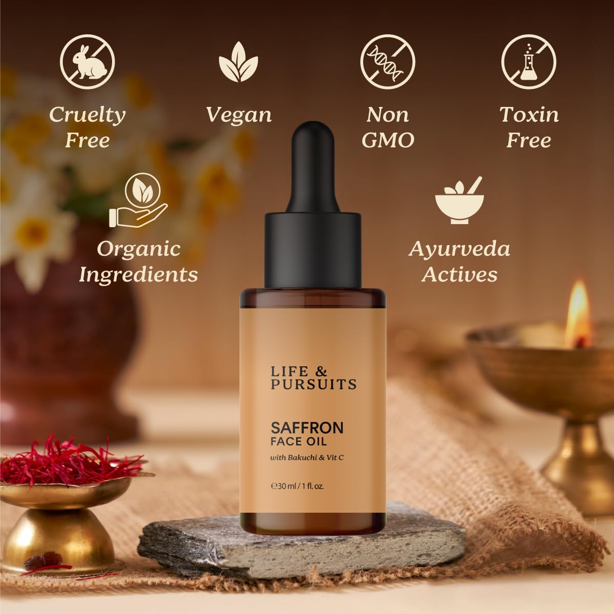 Life & Pursuits Saffron Face Oil 1 Fl Oz with Kashmir Saffron, Bakuchi, Vitamin C for Face Brightening, Moisturizing, Dark Spots, Fine Lines, Wrinkles. Lightweight Daily Face Massage oil | Anti-Aging