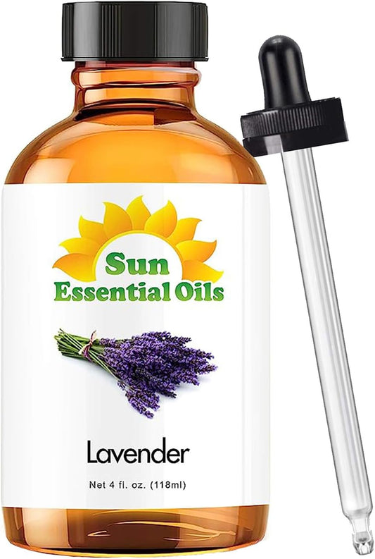 Sun Essential Oil - Lavender Essential Oil 4 oz (118 ml) with Dropper for Diffuser, Humidifier, Skin, Aromatherapy Massage, Scented for Soap & Candle Making at Home, Calming Aroma for Sleep
