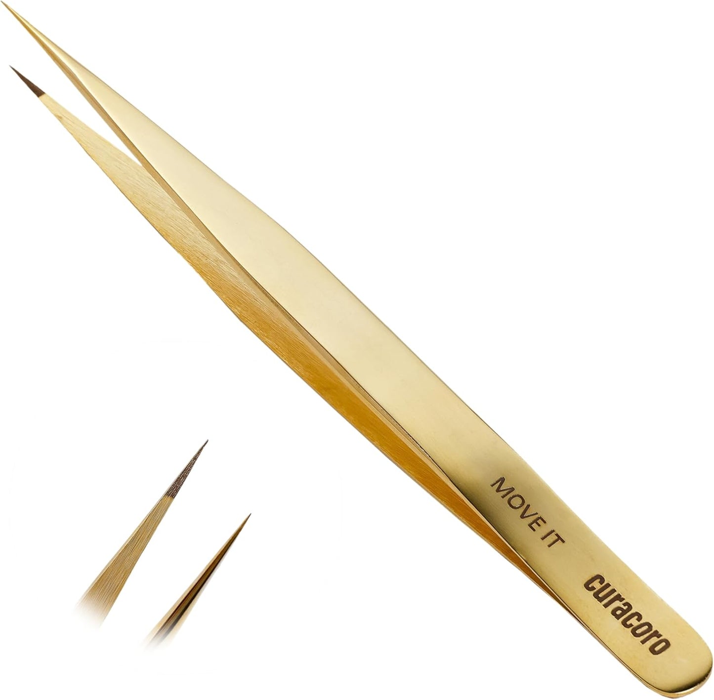 Curacoro Lash Tweezer - Professional & Precision Fiber Tip Grip Lash Tweezers for Eyelash Extensions, Multi Shapes & Purposes Tweezers for Volume, Isolation & Classic Lashes (Gold, Move It)