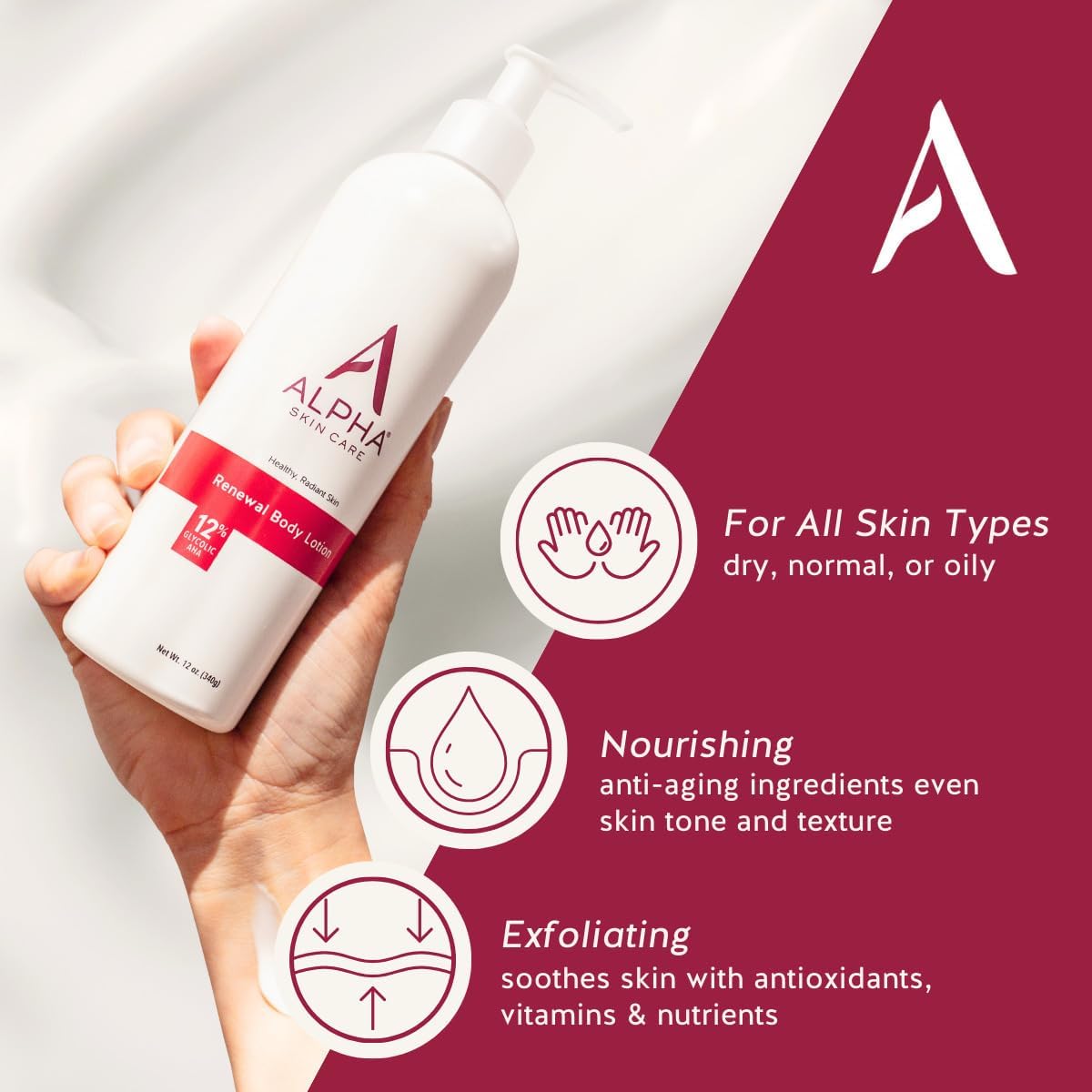 Alpha Skin Care Revitalizing Body Lotion, 12% Glycolic AHA, Simple & Effective Daily Moisturizer with Alpha Hydroxy Acid, Hydrates & Exfoliates for Soft, Smooth Skin, Anti-Aging, 12 Oz