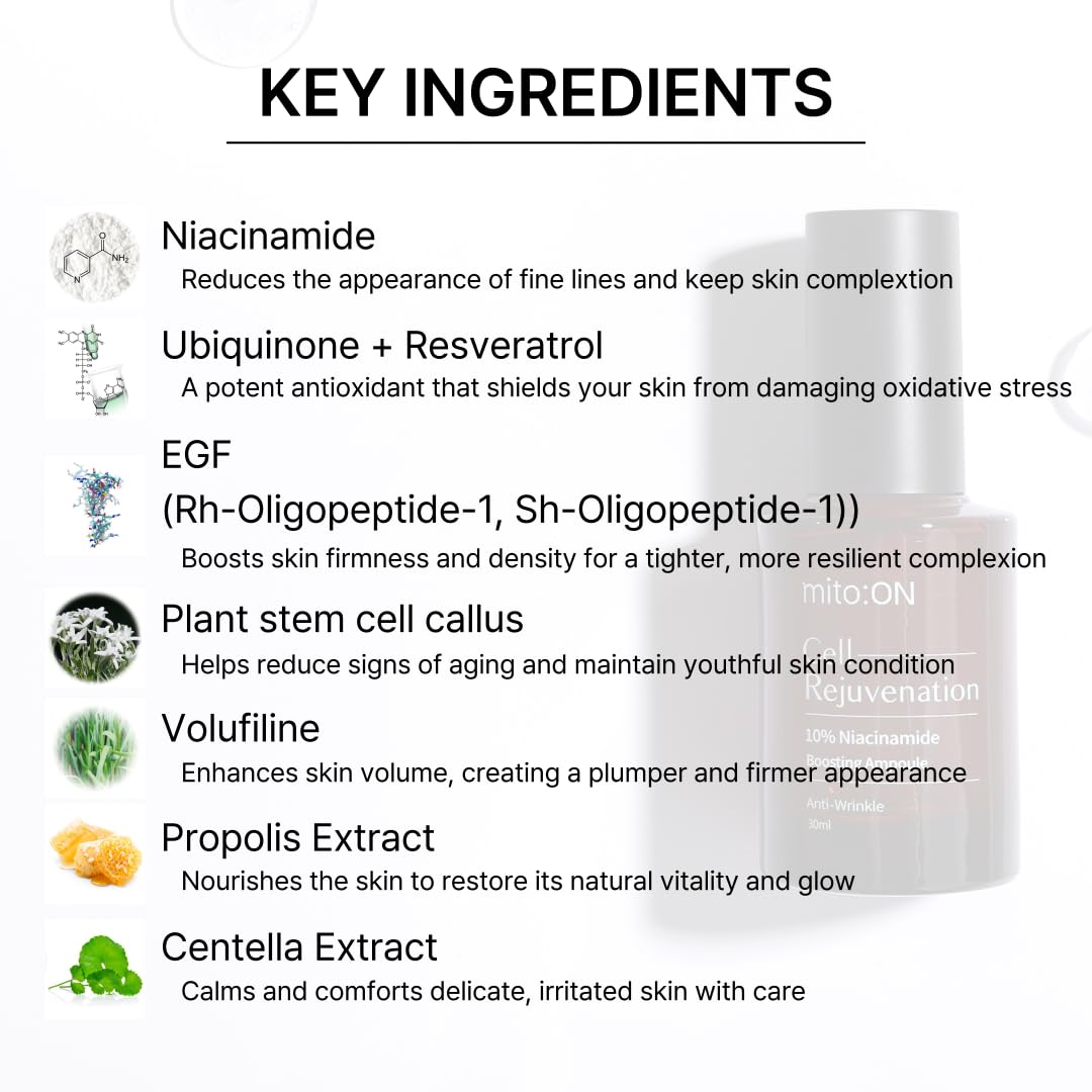 Mito-on Cell Rejuvenation Anti-Aging Serum, 30ml / 1.01 fl.oz –10% Niacinamide, Vitamin B3 and Antioxidants, Centella + EGF for Anti-Aging, Wrinkle Reduction, Pore minimization, Korean Skin Care