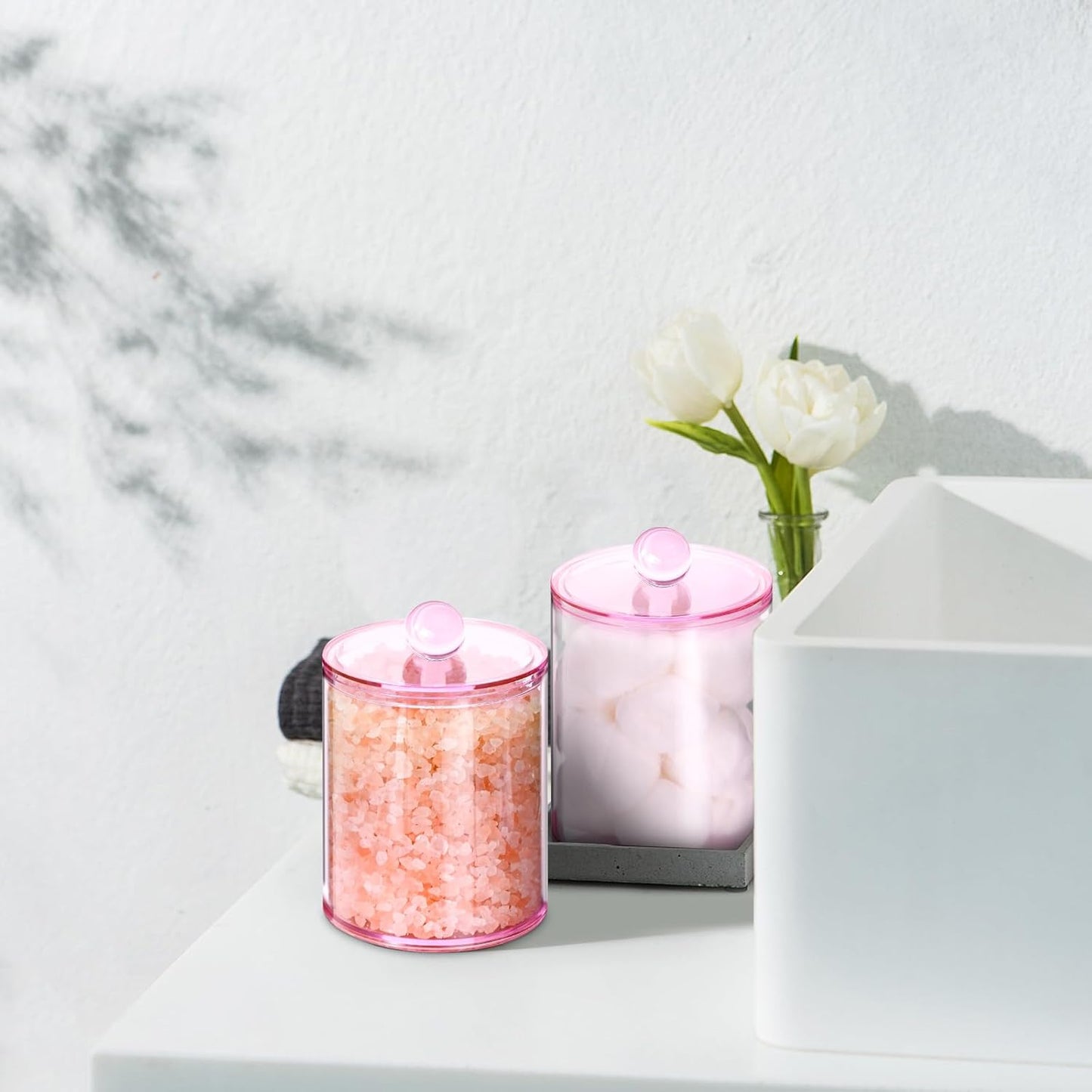 2 Pack Qtip Holder,Canister Apothecary Jar Set, Bathroom Jars with Lids Set for Cotton Swabs, Balls, Pads, Floss Picks,10oz-12oz Plastic Canisters Restroom Bedroom Vanity Organizer(Pink)