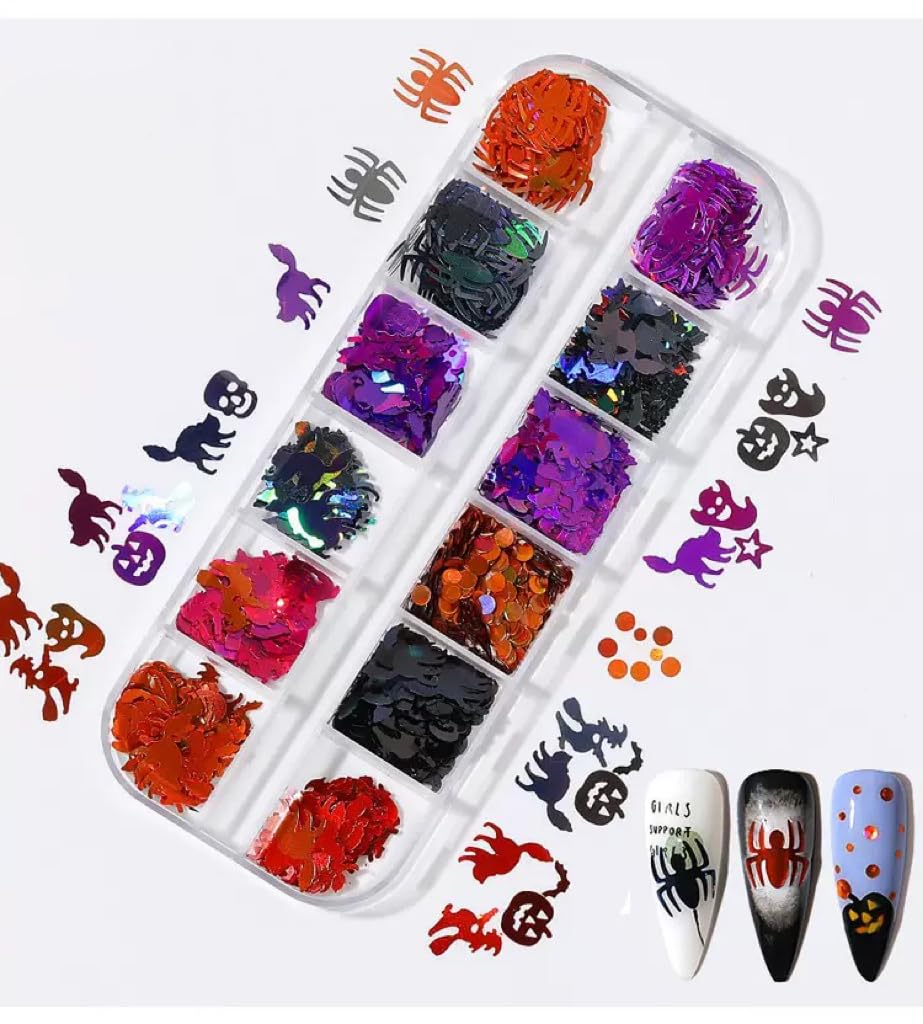 3 Boxes Halloween Nail Art Sequins 3D Holographic Pumpkin Face Spider Ghost Skull Halloween Nail Glitter Sequins Nail Art Supplies Decorations for Women 36 Styles