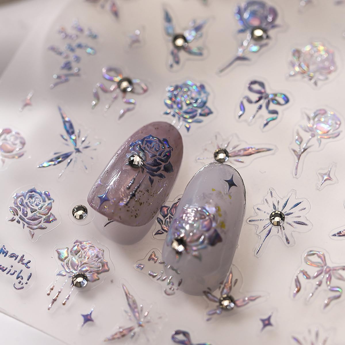 Rose Nail Stickers for Nail Art Holographic Flower Nail Decals with Rhinestone Spring Stickers for Nails Designs Self Adhesive Nail Art Supplies & Decorations for Women Girls 1 Sheet