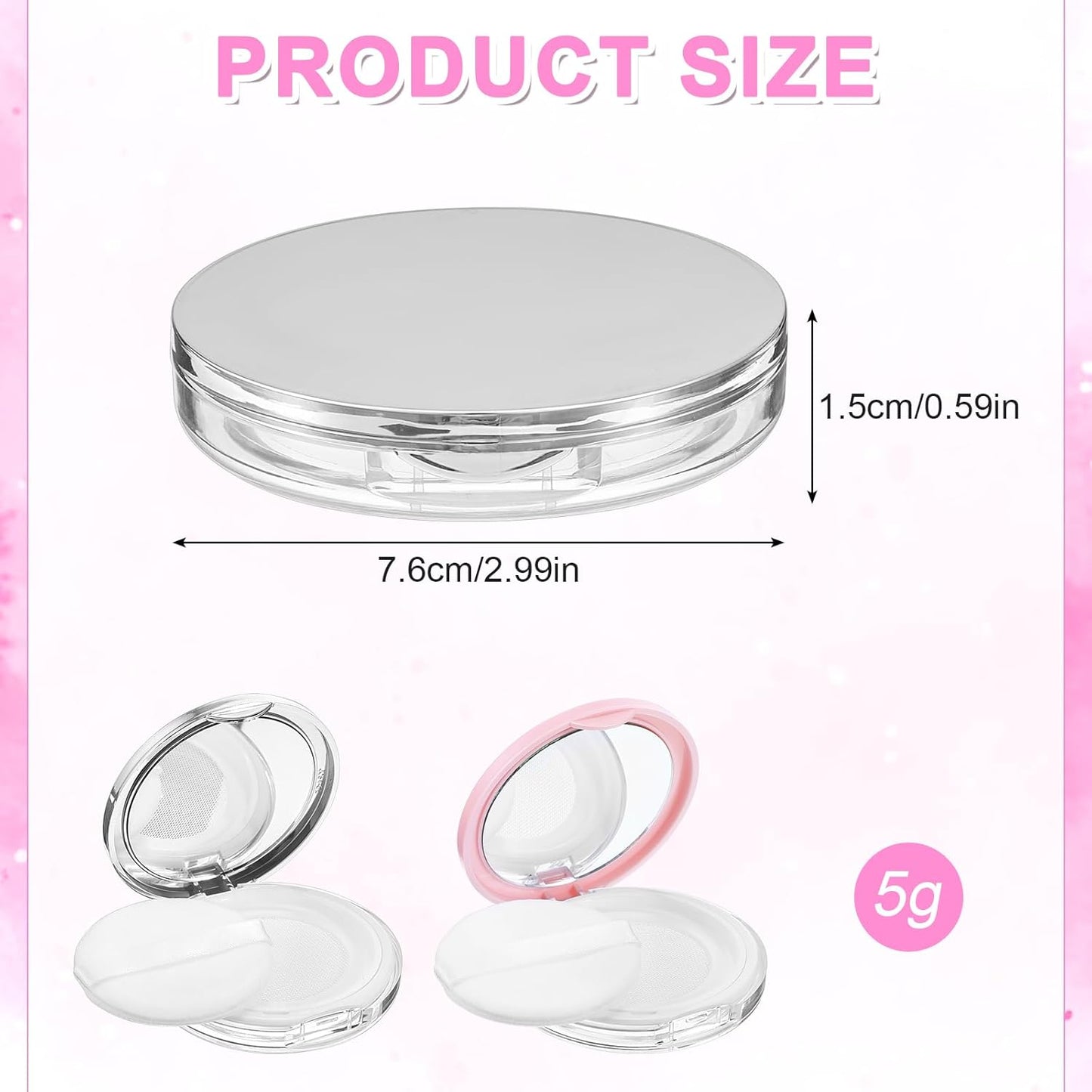 2 Pcs Loose Powder Container with Puff, 0.3-0.7oz Reusable Travel Powder Puff Case Refillable Empty Makeup Compact Box with Mirror for Travel DIY Makeup Cosmetic