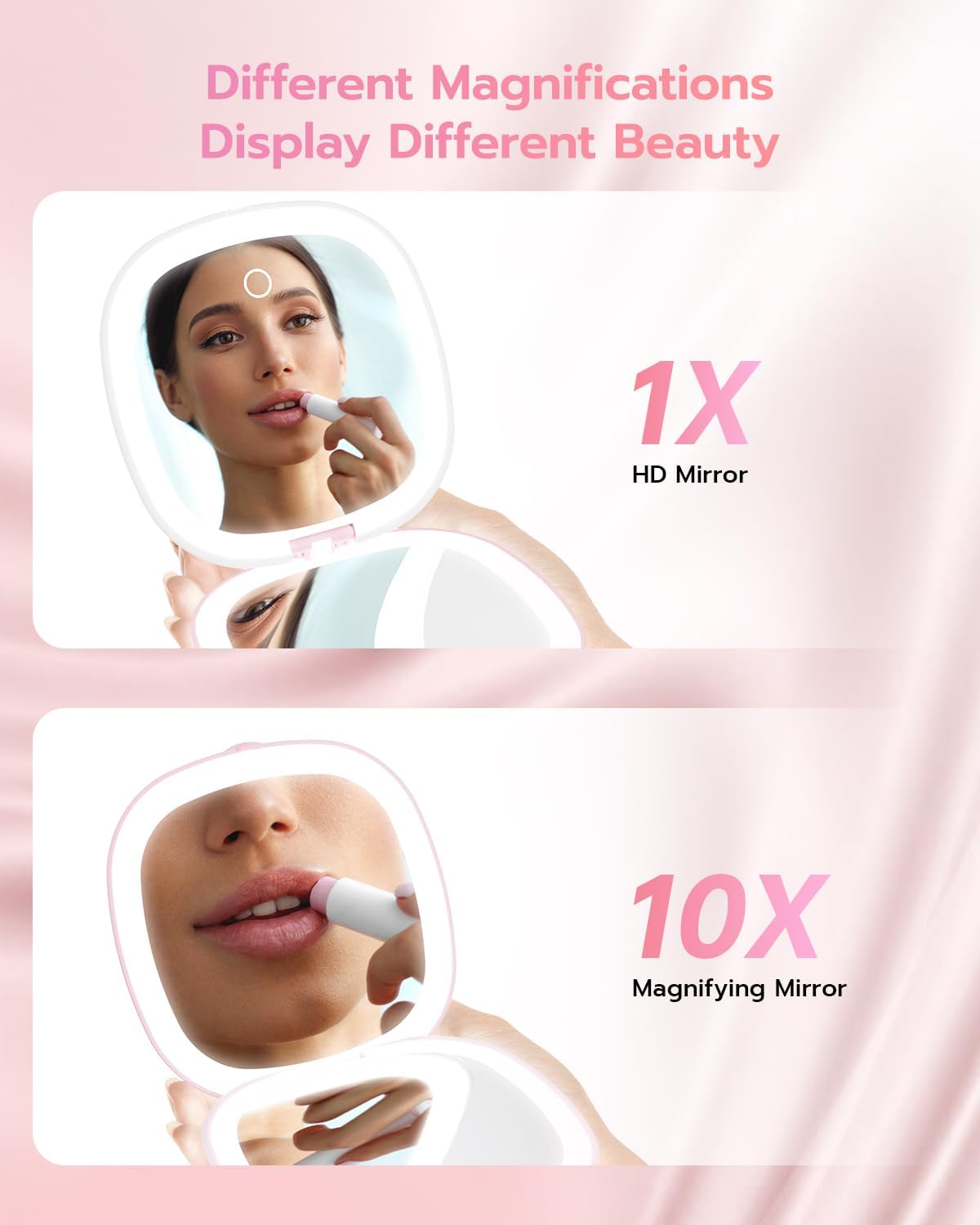 Benbilry 3.9" Rechargeable Compact Makeup Mirror with 3 Light Colors and Magnification 1X / 10X, Double Light Strip Dimmable Small LED Travel Mirror for Purse, Light Pink