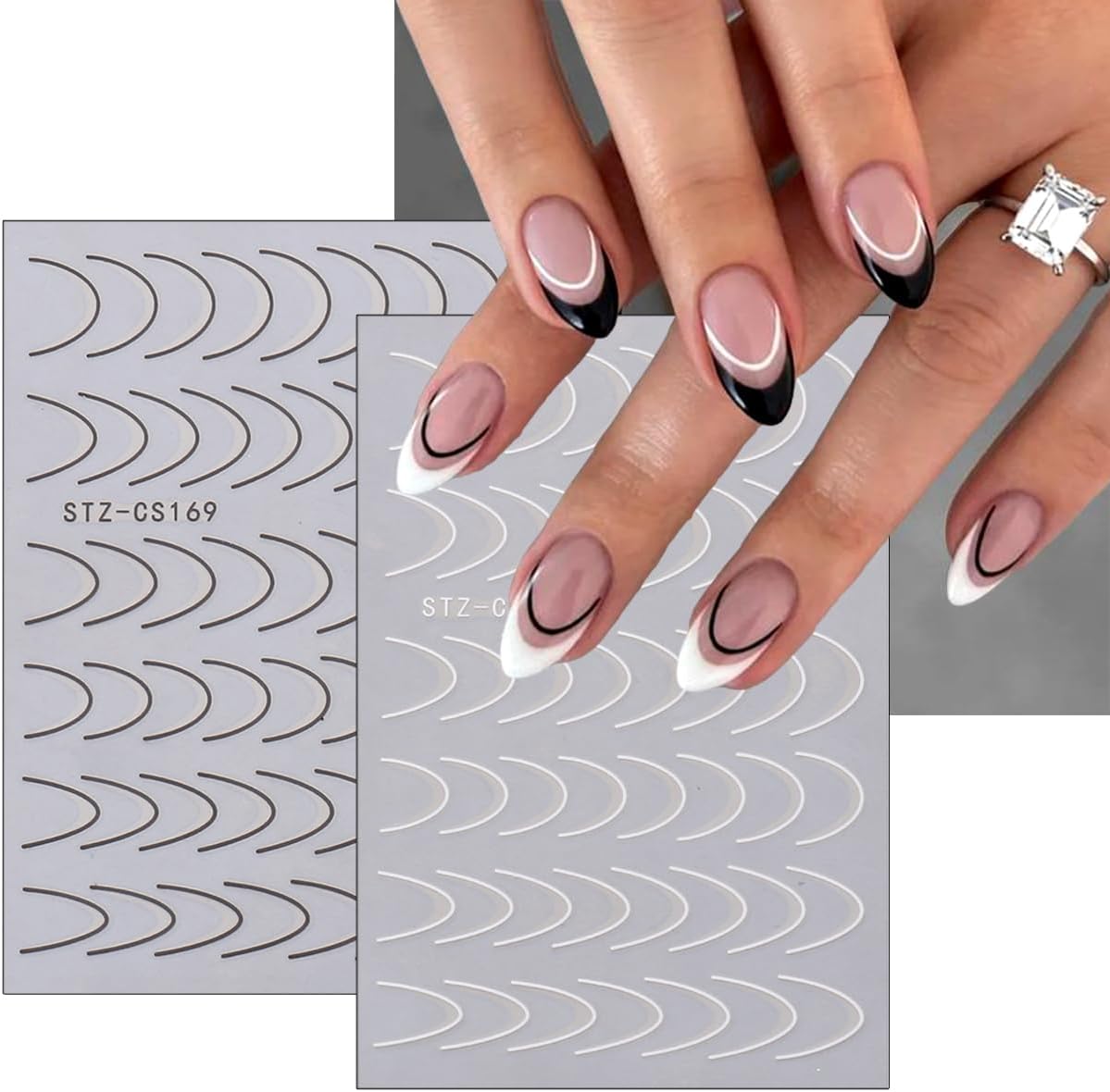 6Pcs French Tip Nail Stickers 5D Diamond Lines Nail Art Stickers Curved Stripe Crystal Rhinestones Design Nail Decals Pegatinas Uñas Simple French Nail Supplies Metal Polish Stickers for Women Girls