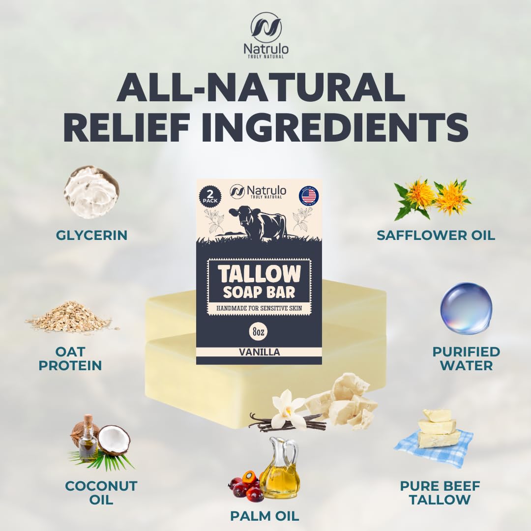 Beef Tallow Soap Bar – All Natural Grass Fed Tallow Soap Vanilla – Moisturizing Face & Body Wash Great for Eczema, Dry, Itchy, Sensitive Skin – Handcrafted Bath Soap for Adults, Kids, Made in USA