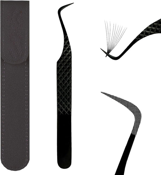 Lash Tweezers For Eyelash Extensions Fiber Tip Lash Tweezer Precision Professional Craft Tweezer, Japanese Steel (Black S-Curved Tweezer)
